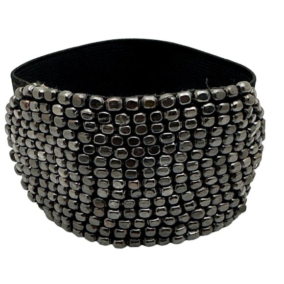 Gunmetal Cube Beaded Stretch Bracelet Wide Band Stretch Black Elastic Slide on - Picture 7 of 7
